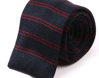 Silk Striped Navy Blue & Red Knitted Tie 6cm