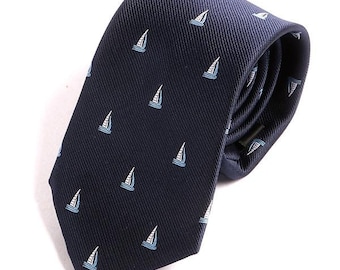 Navy Blue Sailboat Pattern Tie 7.5cm, Gift for Him