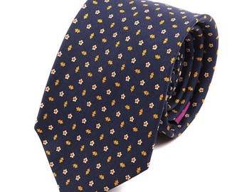 Men's Tie, Navy Floral Leaf Extra Long Silk Tie