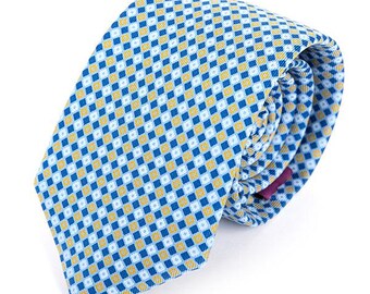 May include: A blue and yellow patterned tie with a small checkered design.