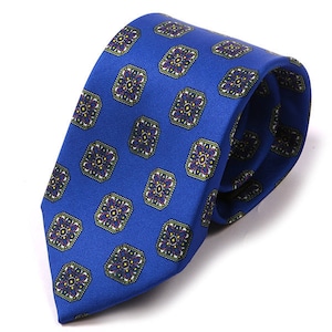 May include: A blue silk tie with a repeating pattern of small, intricate, multi-coloured squares.