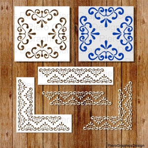 Op de afbeelding: Een set van zes witte, decoratieve, lasergesneden sjablonen met ingewikkelde bloemmotieven. De sjablonen zijn perfect voor het creëren van randen, hoeken en middelpunten op muren, meubels of andere oppervlakken.