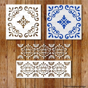 Può includere: Tre disegni di stencil bianchi con intricati motivi floreali. I due disegni superiori sono quadrati e i due inferiori sono rettangolari. I disegni sono su uno sfondo di legno.