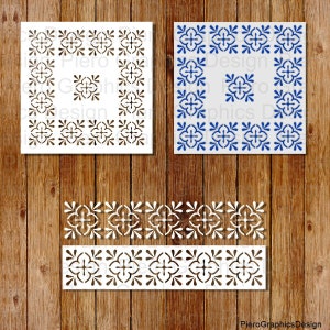 Op de afbeelding: Drie witte papieren sjablonen met een herhalend geometrisch patroon. Het patroon is een vierkant met een kruis in het midden en vier bladeren in de hoeken. De bovenste twee sjablonen zijn vierkant en de onderste twee zijn rechthoekig. De linkerbovenste sjabloon heeft een bruin patroon, de rechterbovenste sjabloon heeft een blauw patroon en de onderste twee sjablonen hebben een bruin patroon.