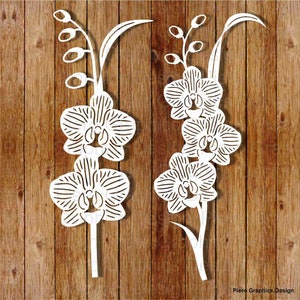 Könnte beinhalten: Zwei weiße Orchideen-Blumenmuster mit filigranen Details, perfekt für Papierarbeiten oder Bastelprojekte.