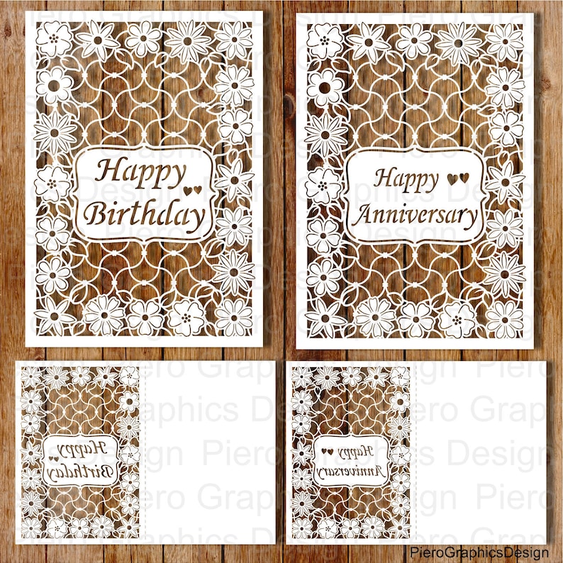 May include: Two white card templates with a floral design and the text "Happy Birthday" and "Happy Anniversary".