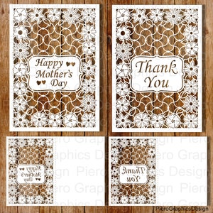 May include: Four white cardstock cut-out designs with a floral pattern. The designs include the text "Happy Mother's Day" and "Thank You".