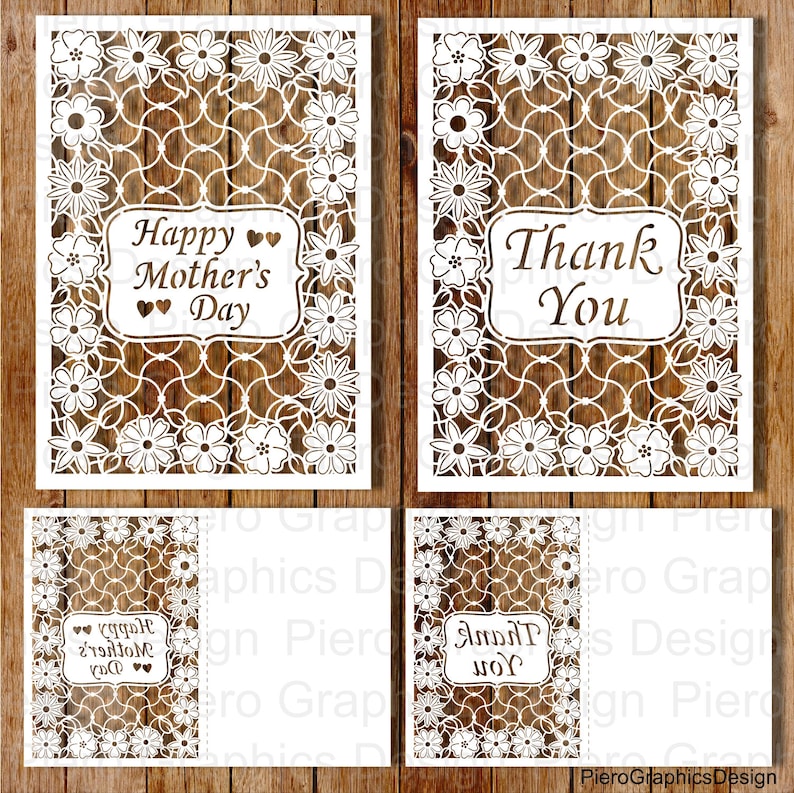 May include: Four white cardstock cut-out designs with a floral pattern. The designs include the text "Happy Mother's Day" and "Thank You".