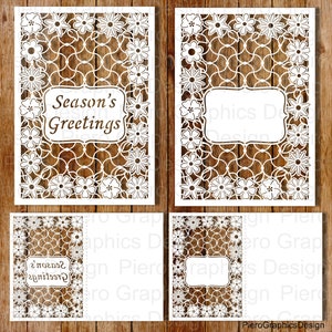 May include: A white paper card with a cut-out design of flowers and a lattice pattern. The card has the text "Season's Greetings" in a white rectangle.