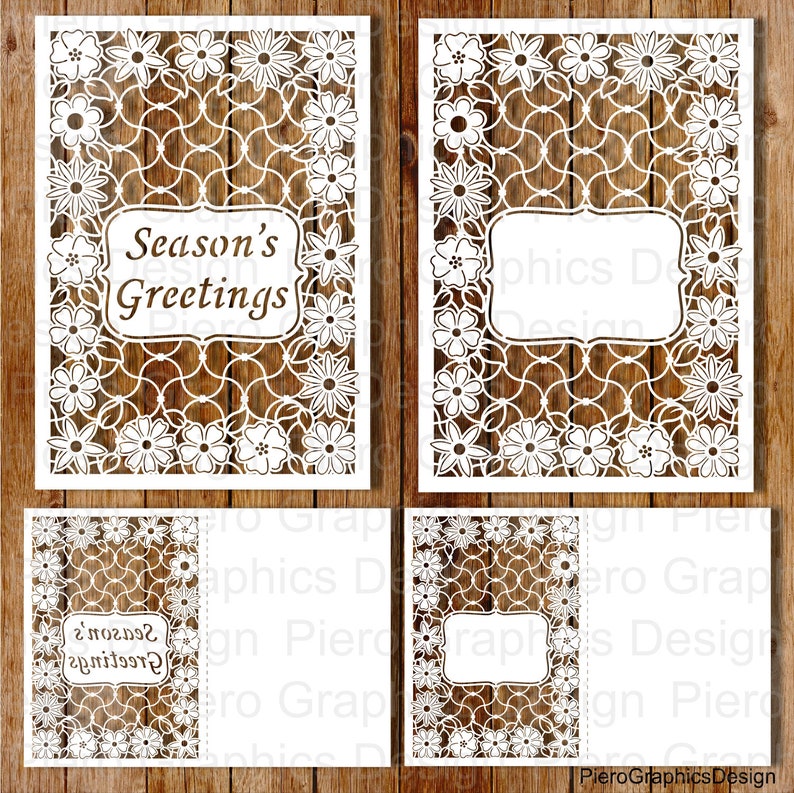 May include: A white paper card with a cut-out design of flowers and a lattice pattern. The card has the text "Season's Greetings" in a white rectangle.