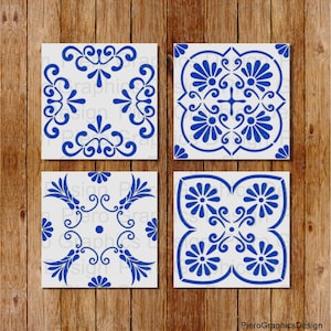 May include: Four blue and white ceramic tiles with intricate floral patterns. The tiles are arranged in a square, with each tile featuring a different design.
