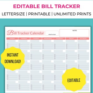 Editable Bill Payment Tracker Calendar, Monthly Bill Tracker, Bill Management, Monthly Bill Tracker, Household Bill Tracker, Bill Paying Log