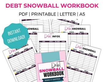 May include: A pink and blue printable debt snowball workbook with the title "Debt Snowball Workbook" and the text "Make It Happen". The workbook includes pages for tracking debt, minimum payments, interest rates, and balance.
