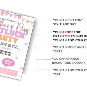 May include: A pink and orange printable invitation for a Mother's Day potluck party. The invitation includes the date, time, and location of the event. It also includes a request for guests to bring an appetizer, main dish, drinks, or side dish to share. The invitation has a pink and orange color scheme with a floral design.