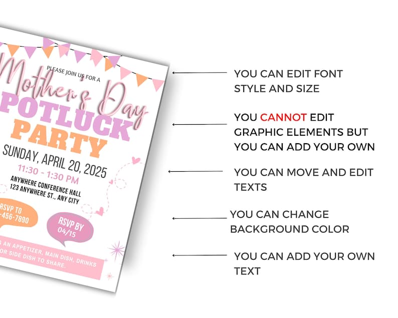 May include: A pink and orange printable invitation for a Mother's Day potluck party. The invitation includes the date, time, and location of the event. It also includes a request for guests to bring an appetizer, main dish, drinks, or side dish to share. The invitation has a pink and orange color scheme with a floral design.