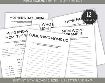 Minimalist Mother's Day Games, Trivia Questions, Word Scramble, Who Knows Mom Best, This or That Mom, All About Mom, Mom Questionnaire