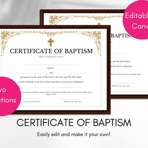 Certificado de bautismo editable, Certificado de recuerdo de bautismo, bautismo personalizado imprimible, plantilla Canva