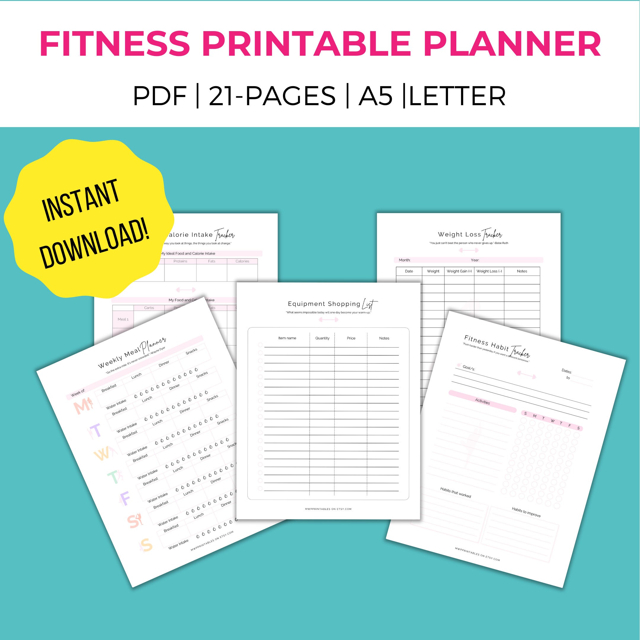 Fitness Printable Planner, A5 Fitness Planner, Diet Planner Printable ...