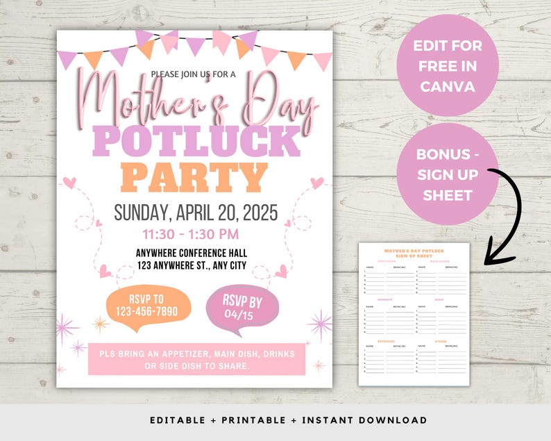 Editable Mother's Day Potluck Invitation: Brunch Party Flyer (Digital Download) image 1