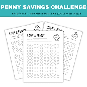 Penny Savings Challenge, Printable Penny Save, 365 Days Savings, Printable 365 Day Penny Saving Chart, Letter, A3, A4, A5