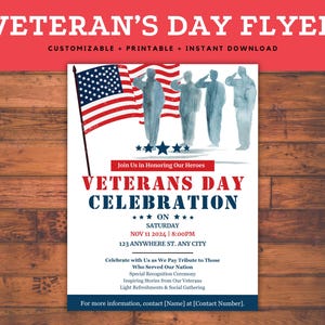 May include: A printable flyer for a Veterans Day celebration. The flyer features a watercolor illustration of the American flag and soldiers saluting. The text reads "Veterans Day Celebration" and includes the date and time of the event.