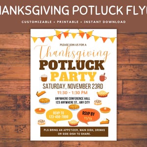 Editable Thanksgiving Potluck Flyer Template, Thanksgiving Potluck Party Invitation, Fall Potluck, PoFall Dinner Flyer, Editable in Canva