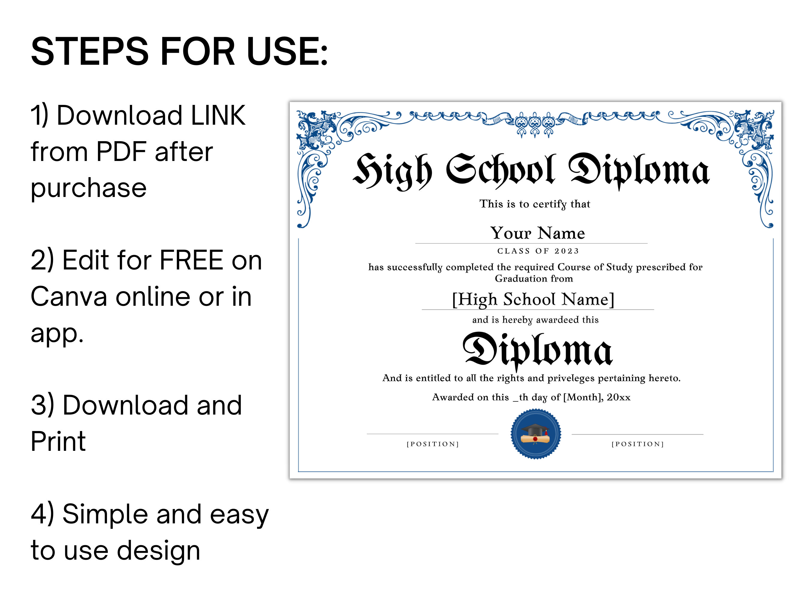 Editable High School Diploma, Homeschool Diploma, Printable Diploma ...