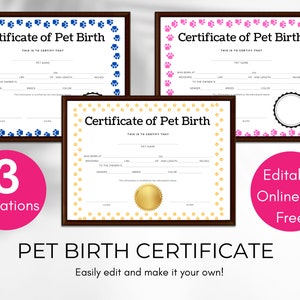 Bewerkbare geboorteakte van een hond, geboorteakte van een puppy, geboorteakte van een huisdier, geboorteaankondiging, bewerkbare certificaat