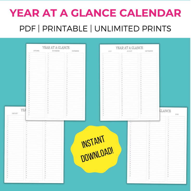 Year at A Glance Calendar Printable, Yearly Review, 12 Month Calendar