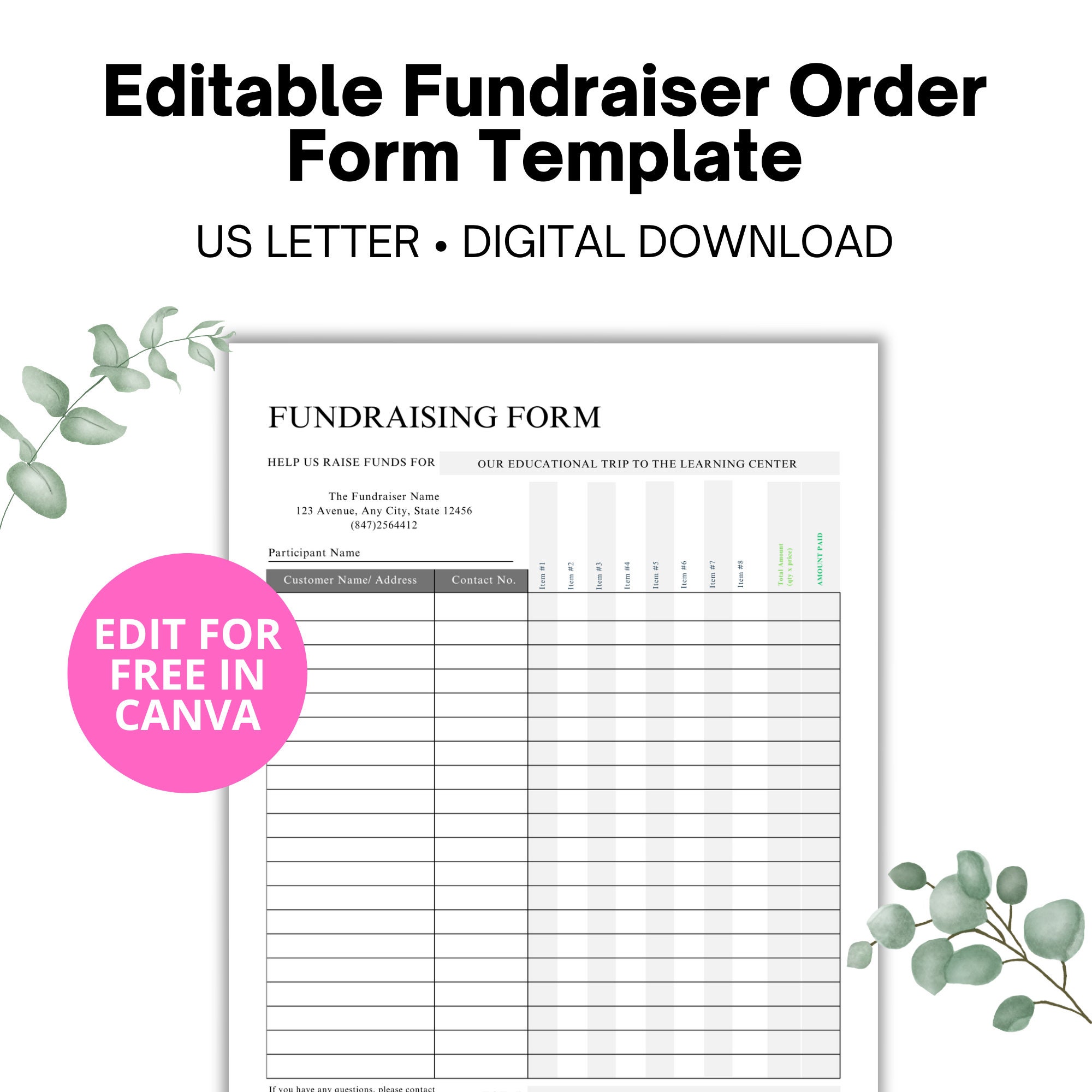 Editable Fundraiser Order Form Template School Fundraising Form Printable Invoice Canva Template Editable Invoice Template - Etsy