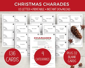 May include: A printable Christmas Charades game with 136 cards, 4 categories, and 32 blank cards. The cards feature festive illustrations and text, including phrases like "Nativity Scene" and "Jingle Bells". The game is designed for family fun.