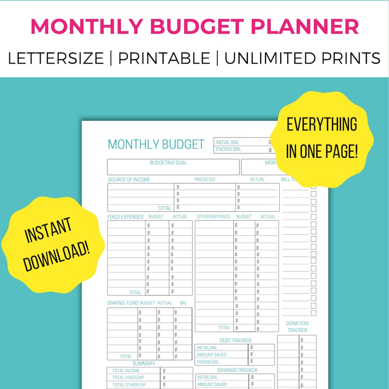 Budget One Page Examples One Page Monthly Budget Printable: Minimalist PDF Template (US Letter ...