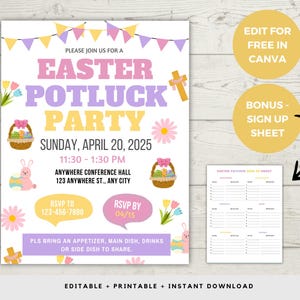 Op de afbeelding: Printbare uitnodiging voor een paas-potluck-feest met een roze, gele en paarse kleurschema. De uitnodiging toont een konijn, een mand met eieren en een kruis. De tekst op de uitnodiging luidt "Doe mee met ons voor een paas-potluck-feest" en bevat de datum, tijd en locatie van het evenement. De uitnodiging bevat ook een inschrijfformulier waarop gasten kunnen aangeven wat ze zullen meenemen.
