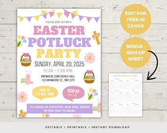 Editable Easter Potluck Invitation, Easter Sunday Church  Flyer, Easter Luncheon Invite Printable, Easter Party, Easter Dinner Flyer