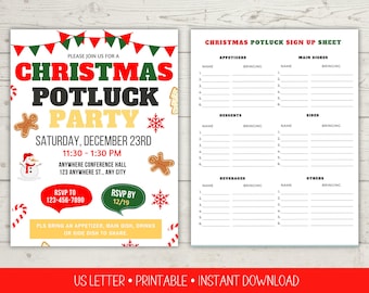 Christmas Potluck Flyer, Holiday Party Sign Up (Editable in Canva)