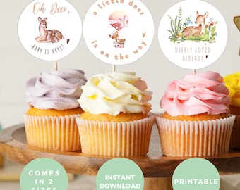 Deer Baby Shower Cupcake Toppers: Rustic Woodland Decor (Printable PDF)