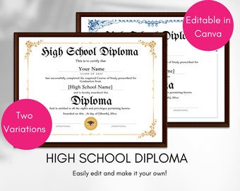 Editable High School Diploma Template, Homeschool Certificate (Digital Download)