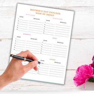 May include: A printable Mother's Day potluck sign-up sheet with sections for appetizers, main dishes, sides, and other. The sheet is white with pink and orange text.