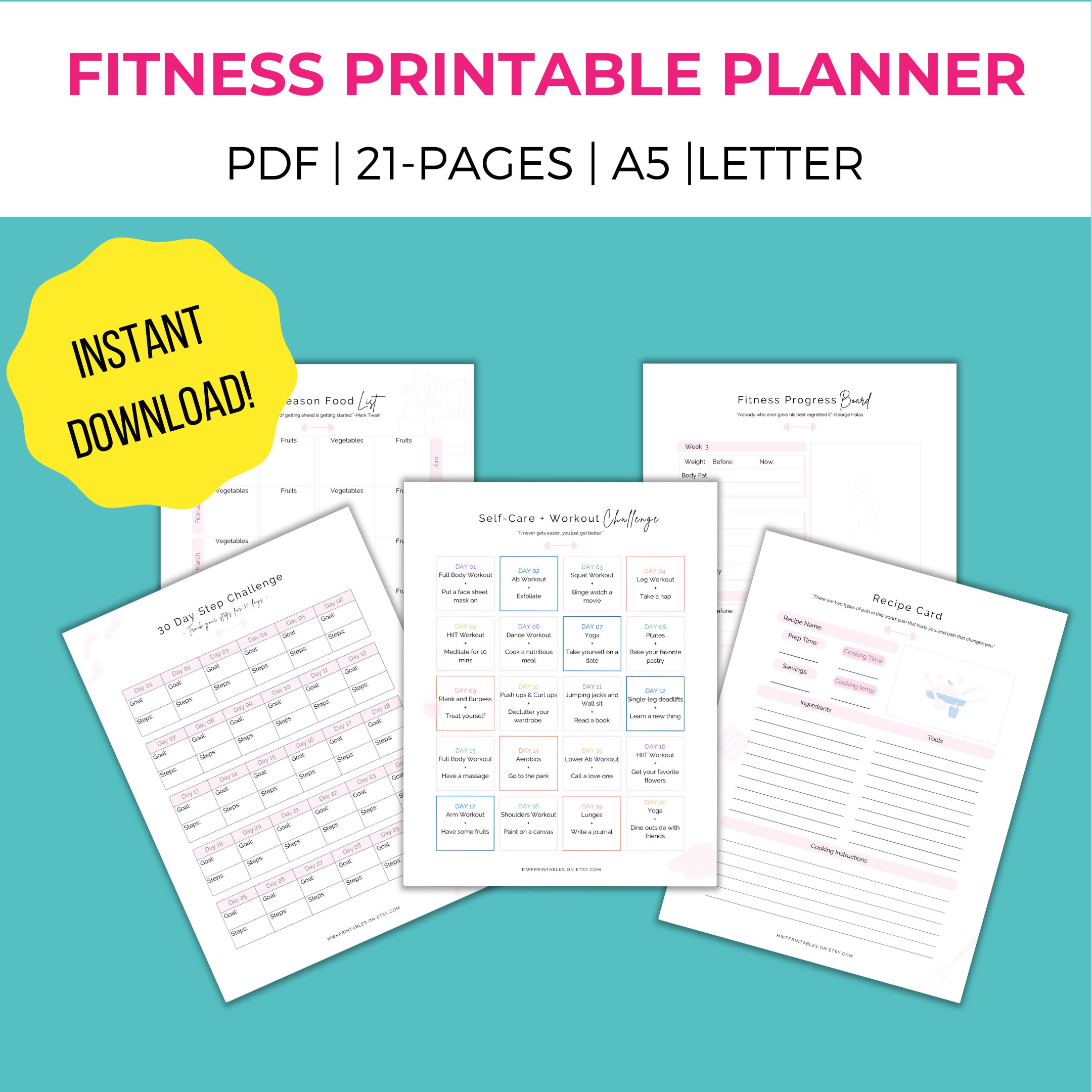 Fitness Printable Planner, A5 Fitness Planner, Diet Planner Printable ...