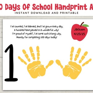 100 Days of School Handprint Art Printable | 100th Day of School Activity | Handprint Craft for Pre-K | Happy 100 Days Printable
