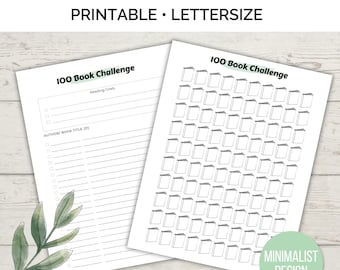 May include: Two white printable pages for a 100 Book Challenge. The top page has a list for reading goals and author/book titles. The bottom page has 100 book icons to track reading progress. Text includes "100 Book Challenge", "Printable", and "Instant Download".