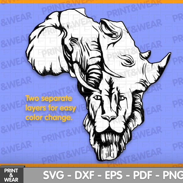Africa Silhouette svg, African Animals svg, Lion, Rhinoceros, Elephant, svg files for wood carving and engraving, eps, pdf, png, jpg