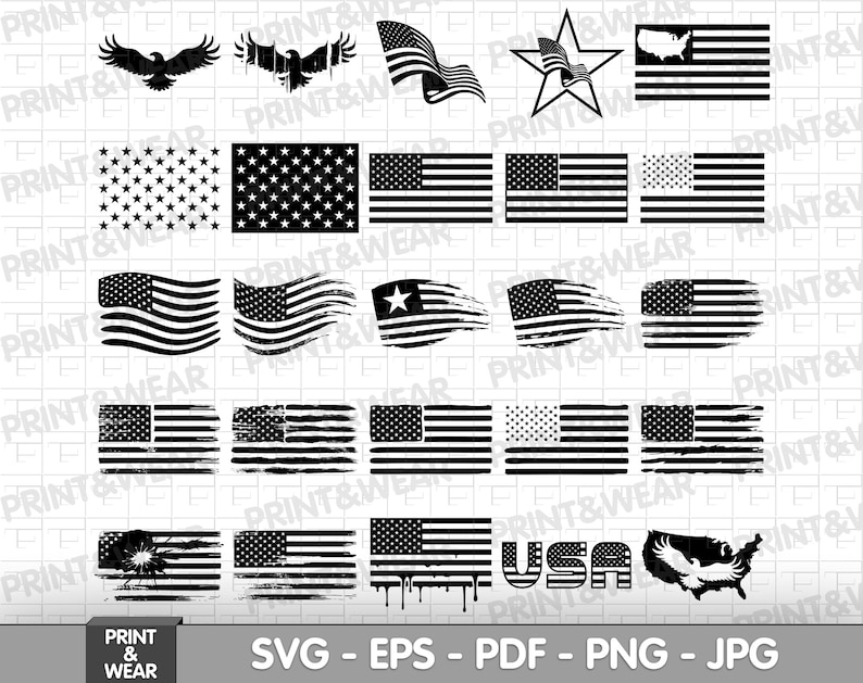 American Flag Silhouette Svg Bundle Black and White Flag Svg - Etsy