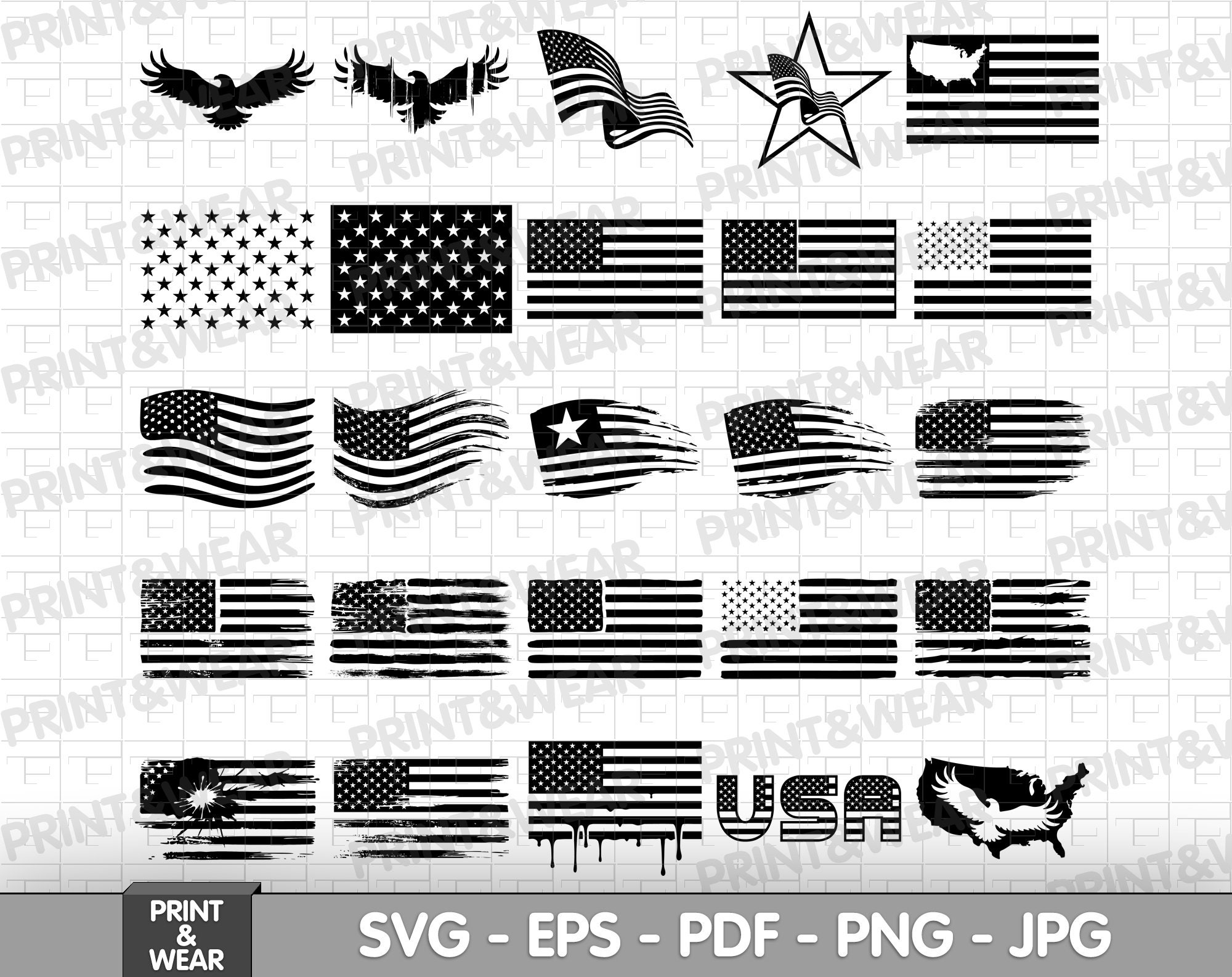 American Flag Silhouette Svg Bundle Black And White Flag Svg Etsy