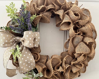 Natural Colored Burlap Wreath With Bows, Everyday Wreath