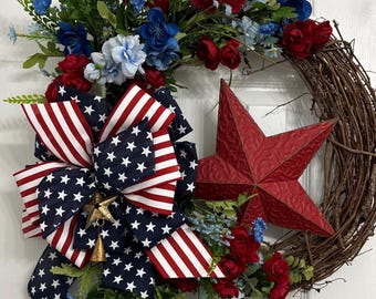 Patriotic Grapevine Wreath with Red Star, Patriotic Bow, Front Door Decor