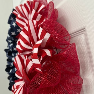 July 4th Patriotic Ribbon Wreath, Red White and Blue Front Door Decor, USA Decor image 4
