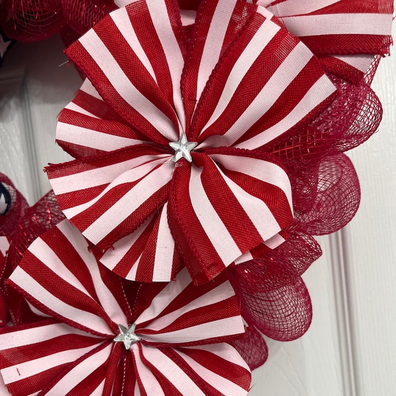 July 4th Patriotic Ribbon Wreath, Red White and Blue Front Door Decor, USA Decor image 7
