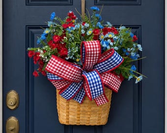Red White and Blue Door Basket, Summer Door Hanger, Americana Front Door Decor,Fourth of July Wreath Alternative