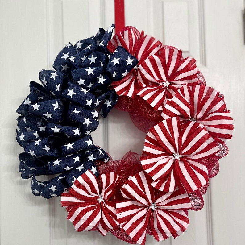 July 4th Patriotic Ribbon Wreath, Red White and Blue Front Door Decor, USA Decor image 1